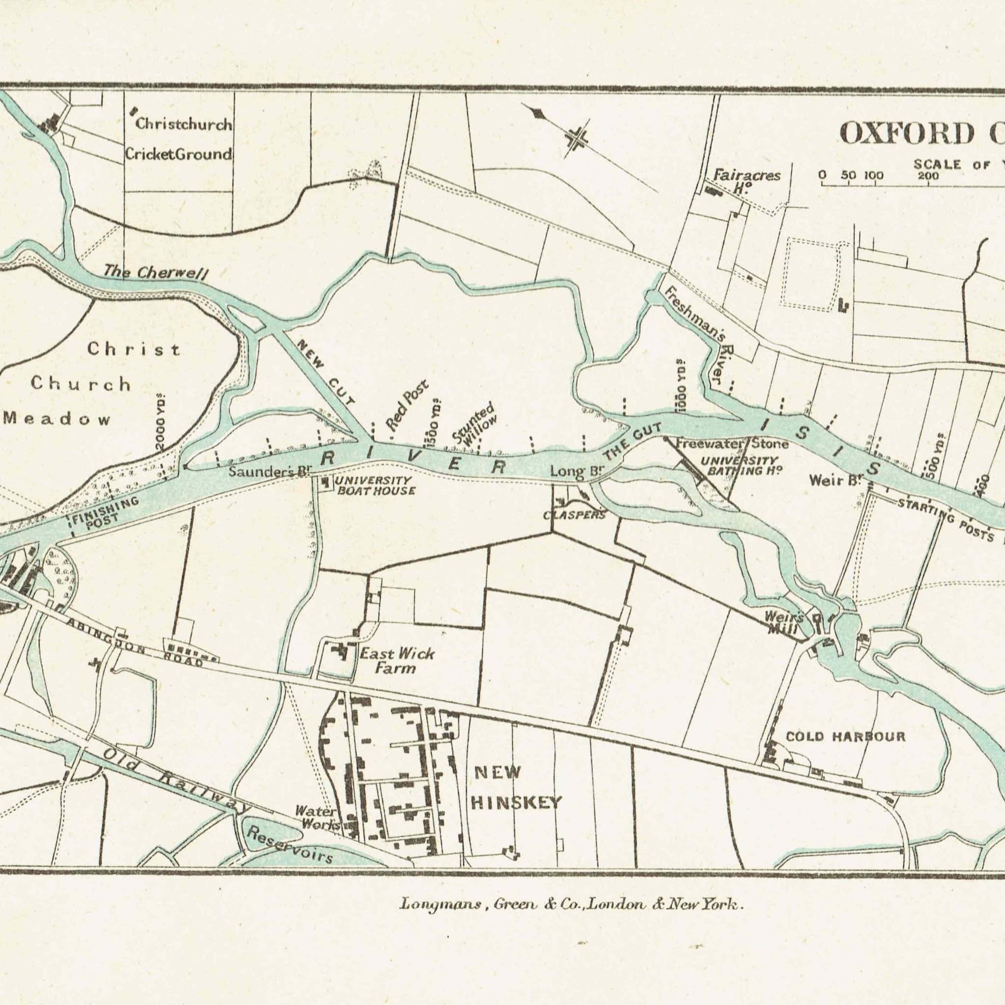 1891 Oxford Course River Isis Map - Original Antique Engraving By Weller - Badminton Library Rowing Boat Race Victorian Sport - 7 x 4.75 in