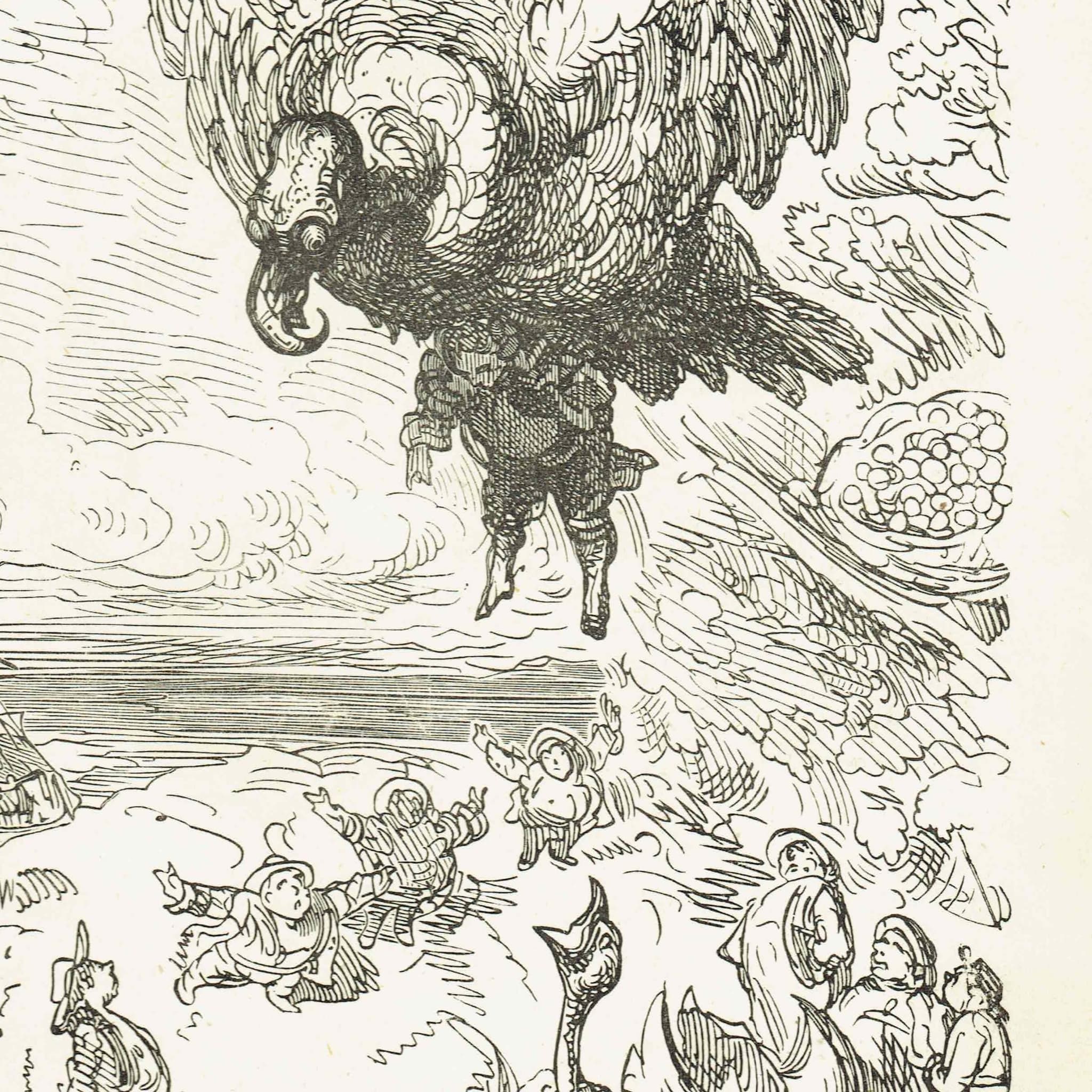 1867 Giant Eagle Rescue - Original Antique Print By Doré - Baron Munchausen Fantasy Adventure Literary Illustration - 6 x 9 in