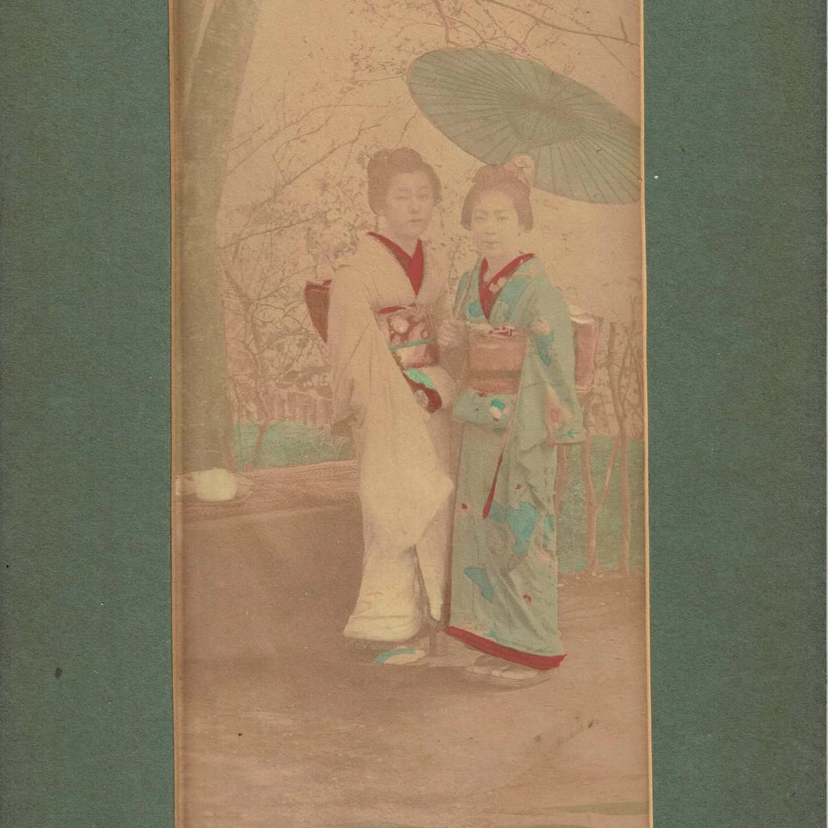 c.1900s Geisha With Umbrella - Original Antique Hand-Tinted Albumen Photograph - Meiji Era Yokohama Studio Kimono Portrait - 7.5 x 15 in